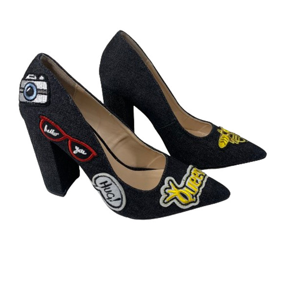 QUPID Black Queen Bee Patch‎ Signal Block Heel Pumps - Picture 8 of 12